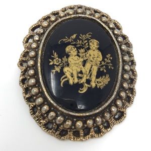 Stunning Vintage Pin with Black, Gold, and Pearls